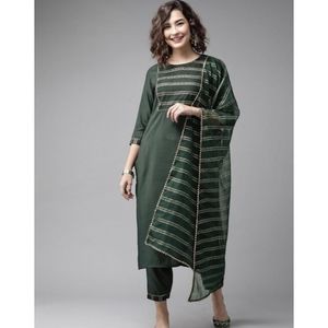 Indo Era Green Solid Straight Kurta Trouser With Dupatta Set